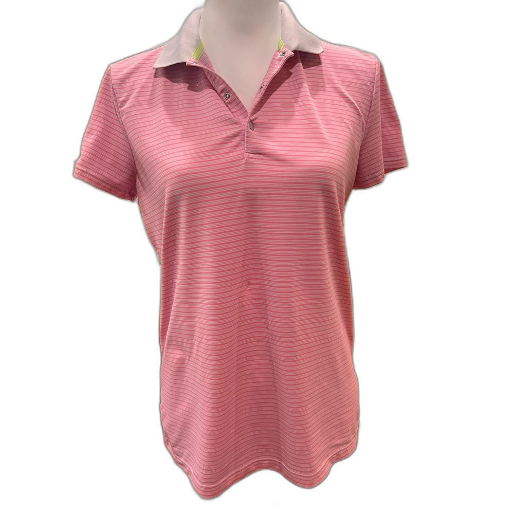 Golf Performance Polo Neon Pink Stripe Snap Placket Stretch Moisture-Wick M RLX